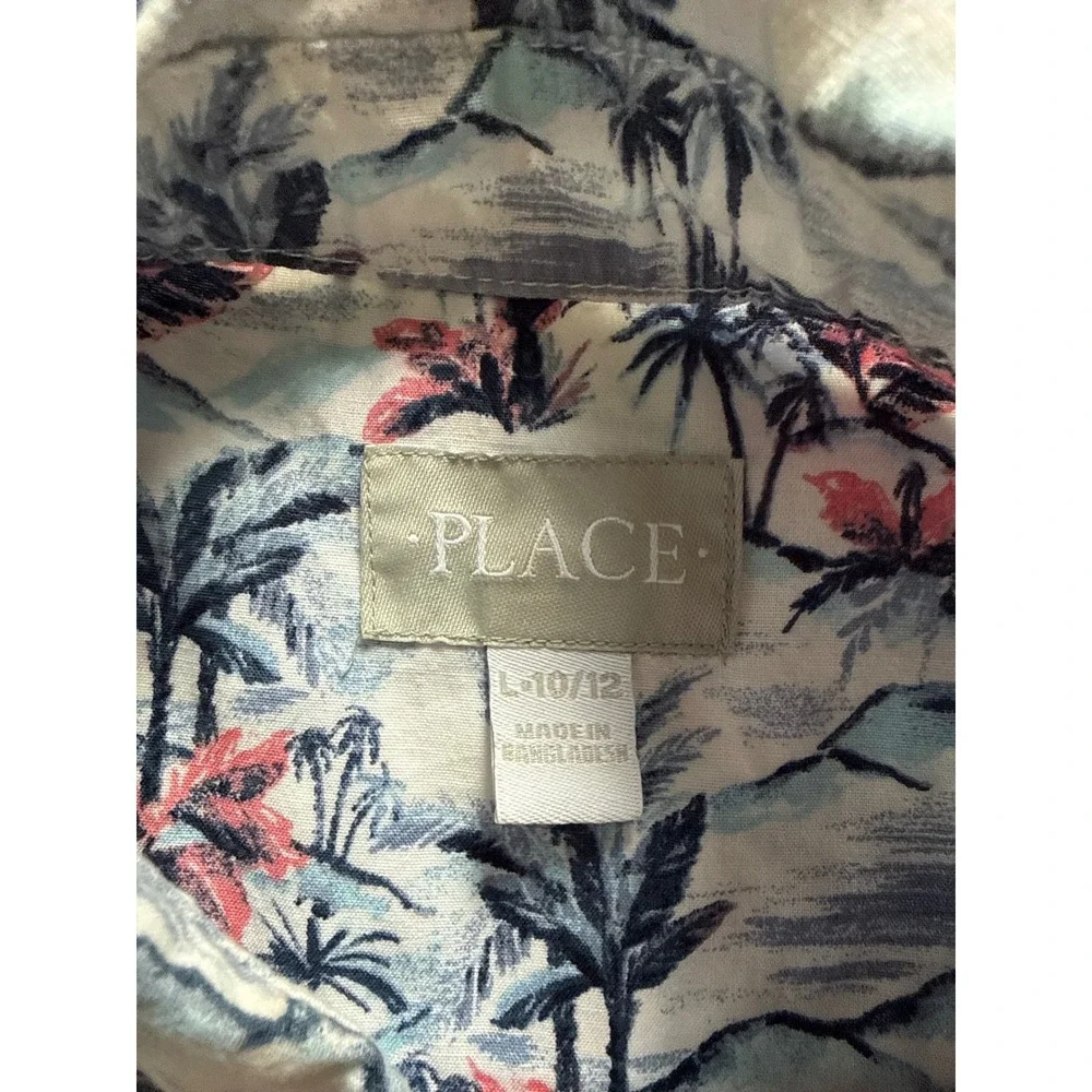 The Childrens Place Boys L 10/12 Tropical Palm Tree Short Sleeve Button Down